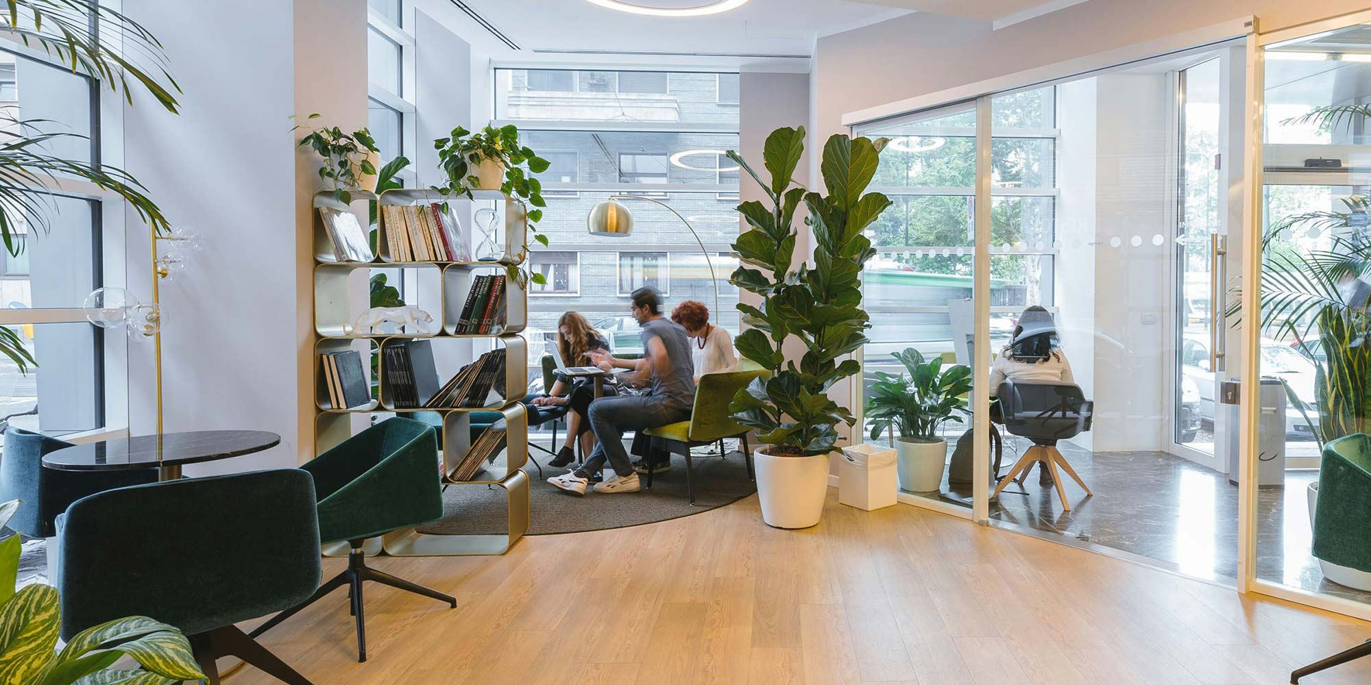 Viihtyisä ja valoisa toimiston aulatila, jossa on runsaasti viherkasveja. Siisti ympäristö, jossa ihmiset työskentelevät.
