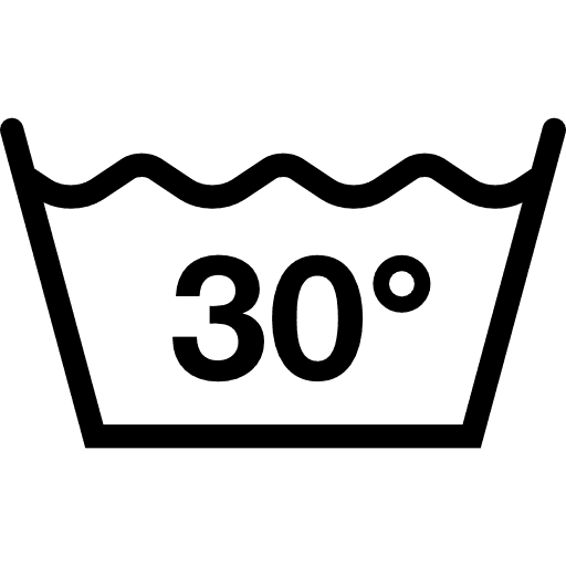 Pesumerkki: Vesipesu 30 asteessa. Ikoni esittää pesuallasta, jonka sisällä on luku 30.